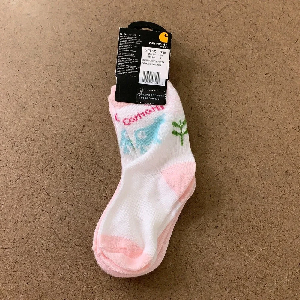 Carhartt Toddler Girls Size 18-36 Months Pink Printed Crew Socks 2 Pairs NWT